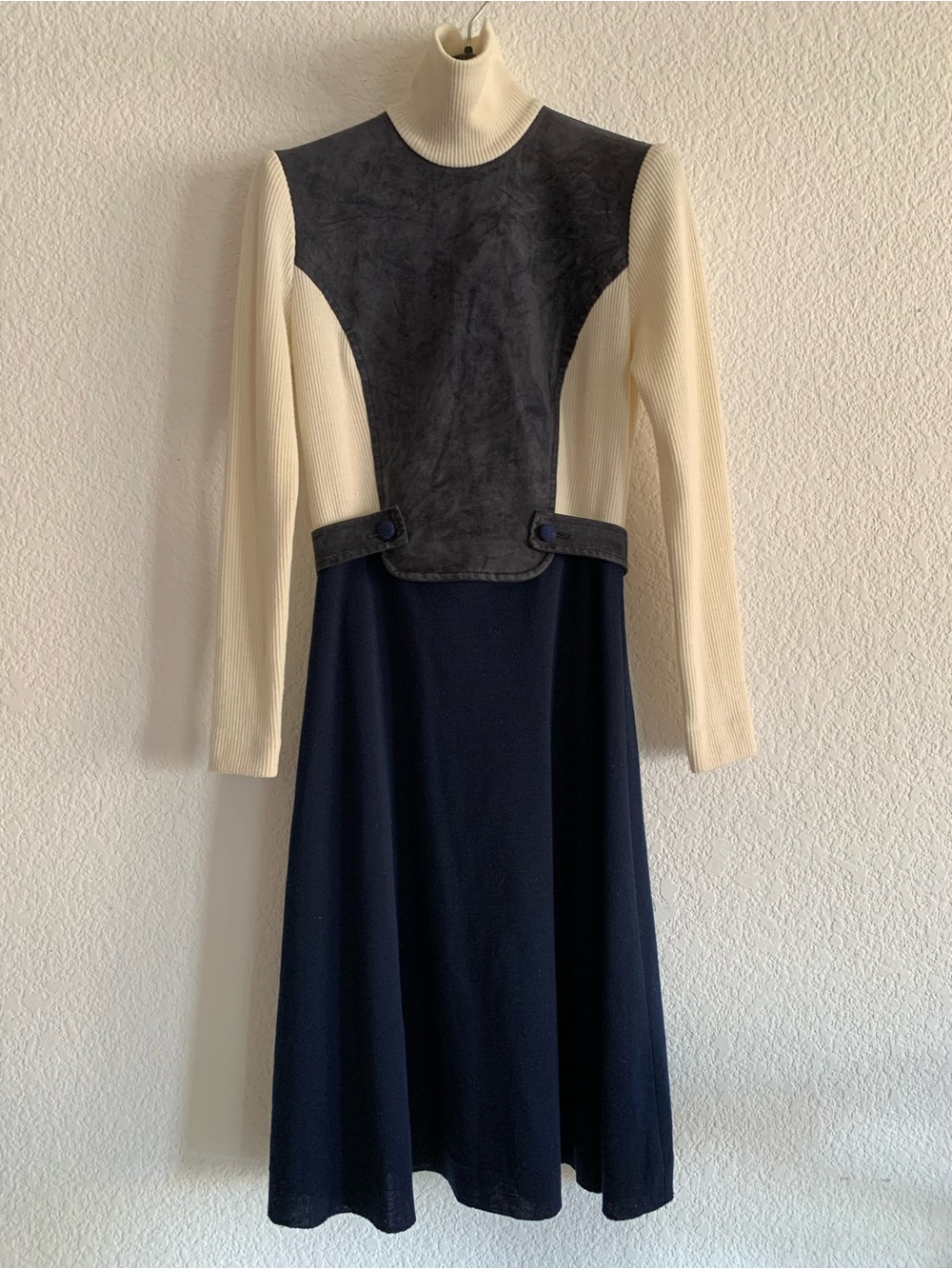 Cream and Navy Long-Sleeve Turtleneck Dress with Suede Panel